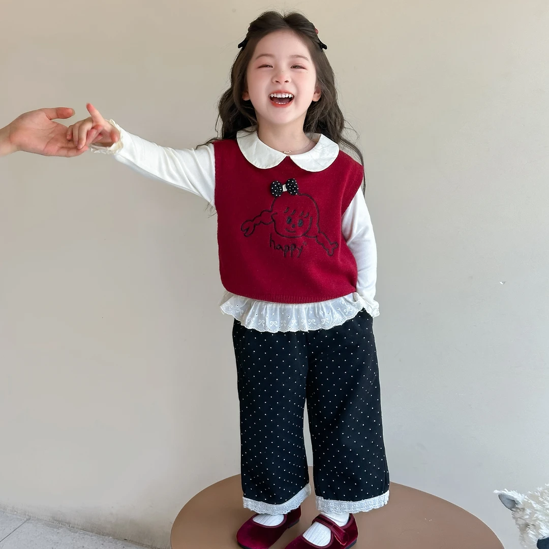 女童秋装套装2025新款儿童休闲波点裤洋气宝宝秋季韩版马甲三件套