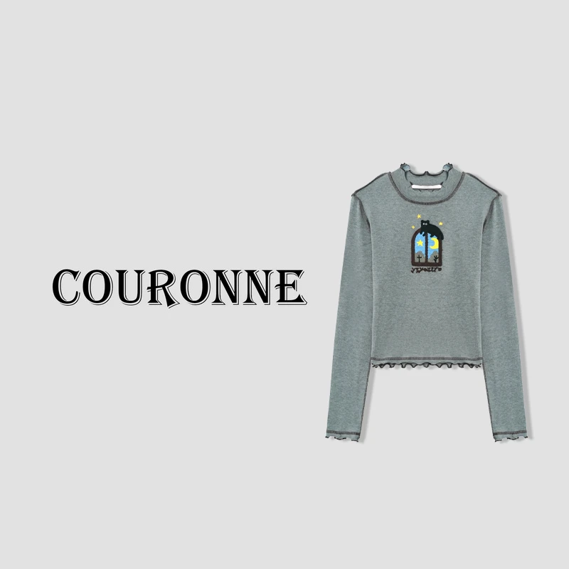 【小熊】-秋冬新款时尚趣味猫咪毛线绣修身T恤洋气花边领长袖29880