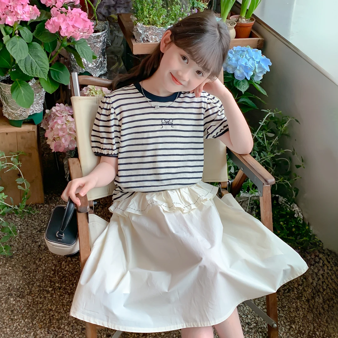女童夏季套装2025夏季新款少女风夏装休闲条纹短袖裙子套装Q13228