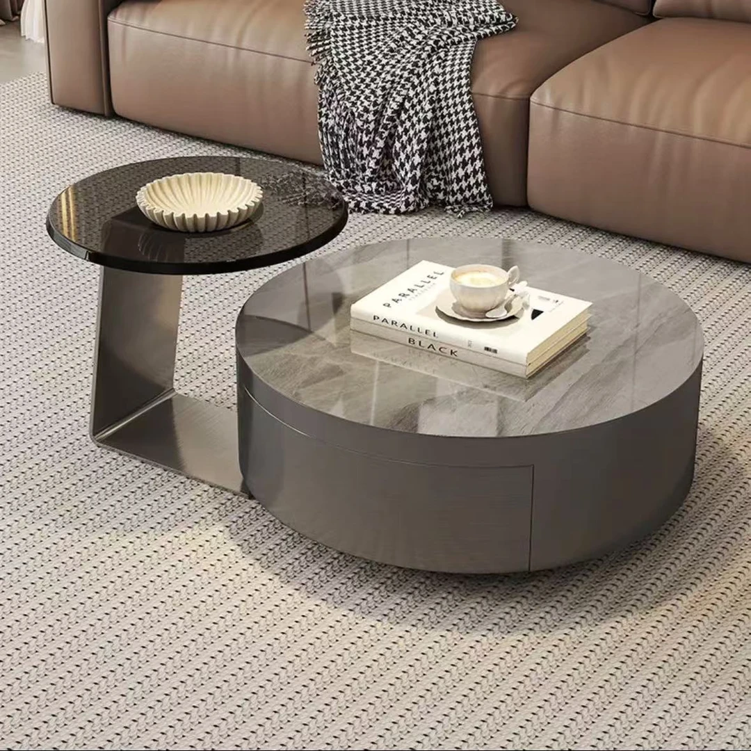 壹佳优品轻奢圆形岩板茶几客厅家用小户型简约现代不锈钢组合茶几