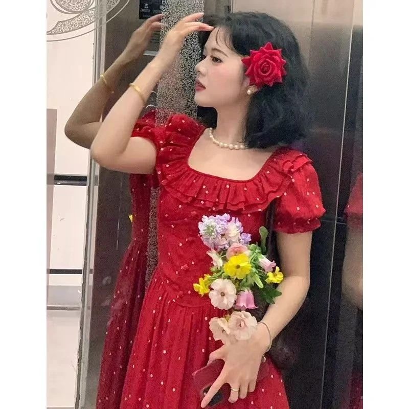 叮叮家【春日来信】夏日新款法式复古气质飞袖红色连衣裙