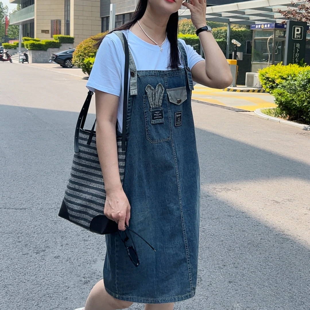 大码女装假两件夏季短袖中长裙连衣裙显瘦韩版设计感百搭牛仔可爱