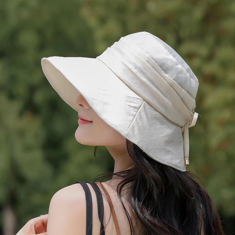 w春夏女透气渔夫帽帽子大檐防晒帽日系蝴蝶结褶皱太阳帽夏季