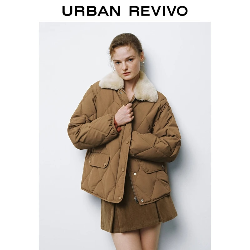 UR2025冬季新款女装复古撞色菱格绗缝羽绒服UYY150043+