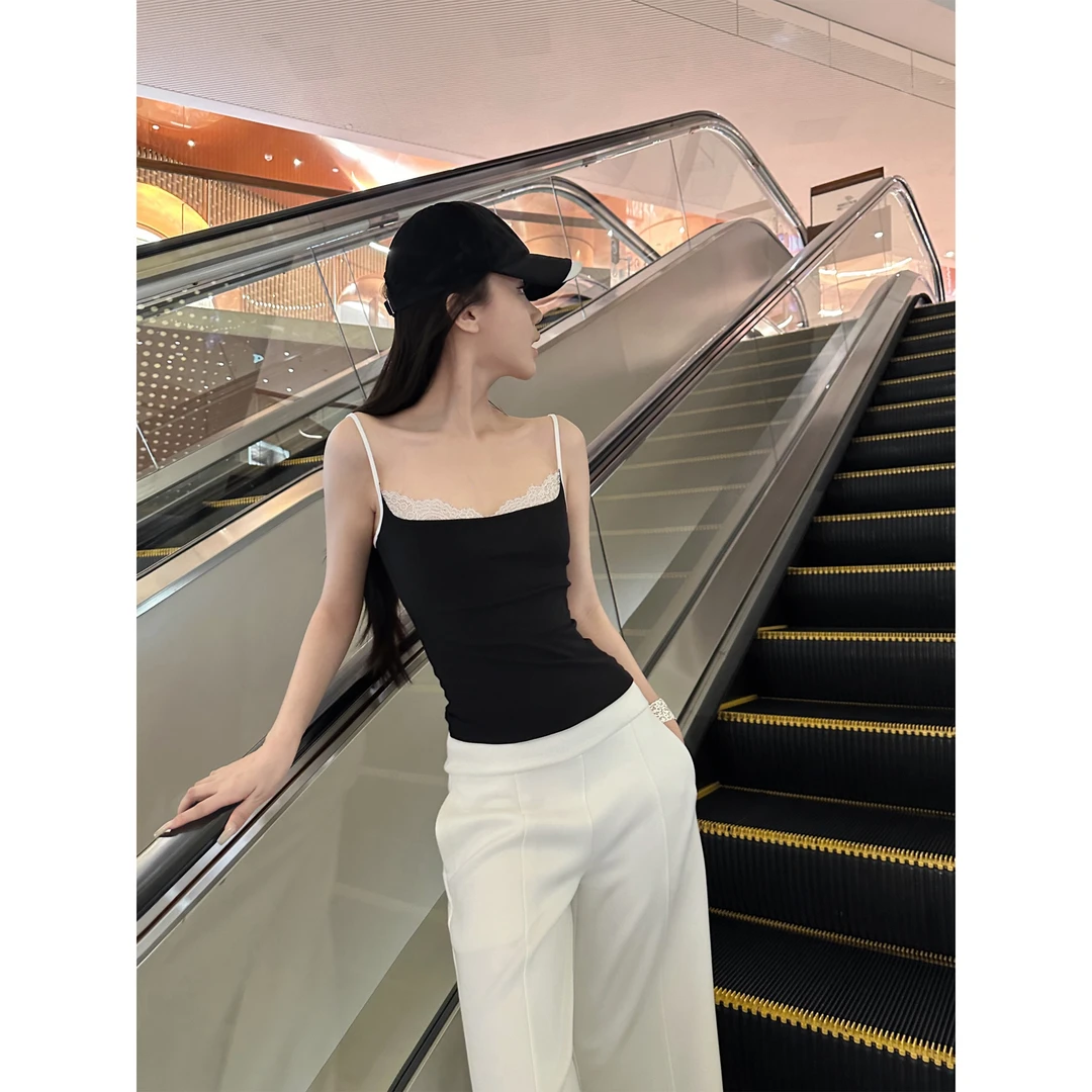 5werkwen 轻奢矜贵感|撞色睫毛吊带 蕾丝边夏季吊带辣妹背心上衣