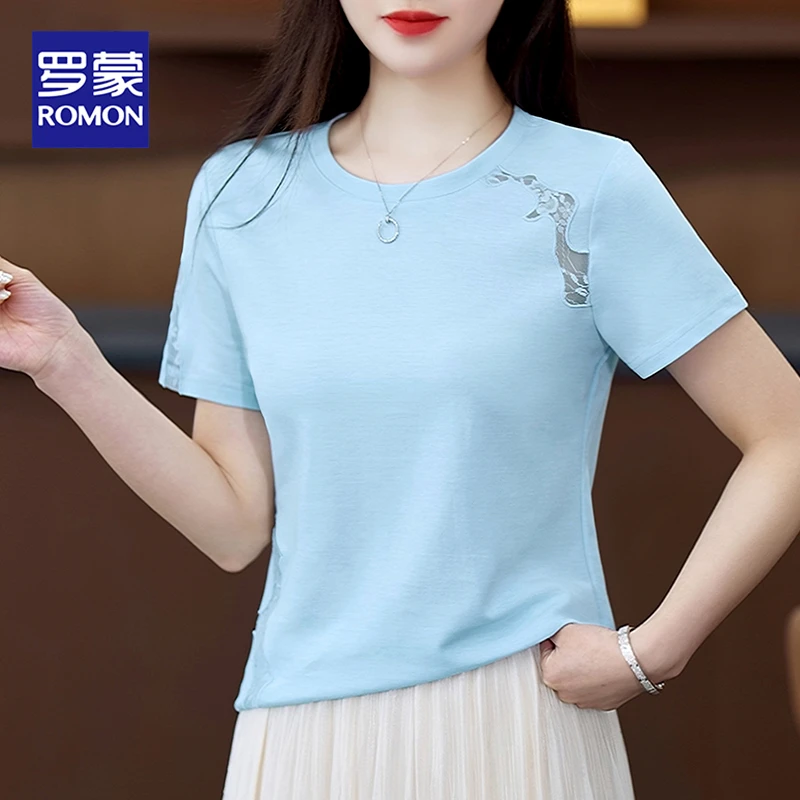 罗蒙女装2025新款春夏简约清纯百搭设计感镂空短袖T恤女半袖