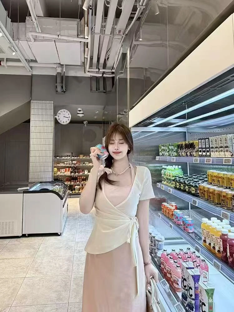 时尚套装法式裙子吊带裙夏季性感开叉收腰女装连衣裙+上衣两件套