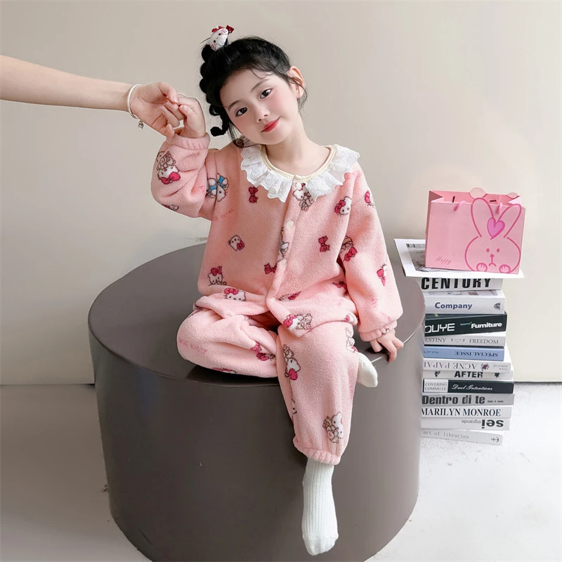 女童睡衣套装法兰绒秋冬款2025新款儿童珊瑚绒开衫家居服宝宝女孩