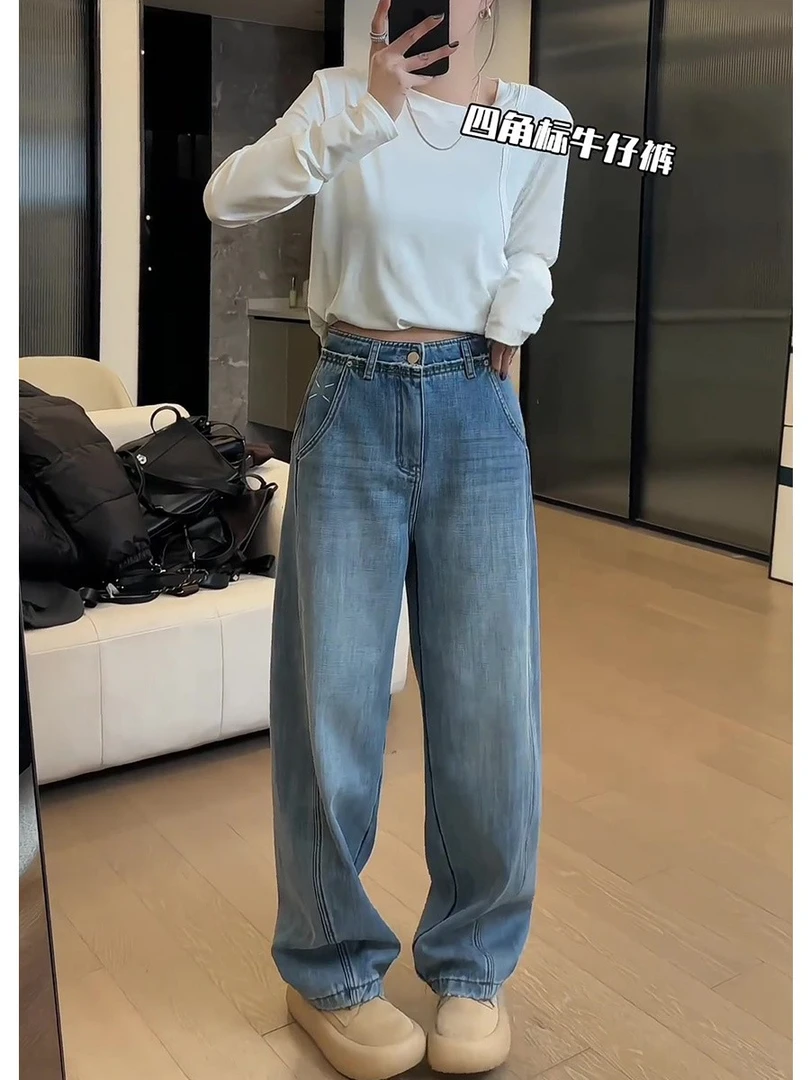 大码美式复古弯刀牛仔裤女秋季胖mm梨型身材显瘦宽松直筒阔腿裤子