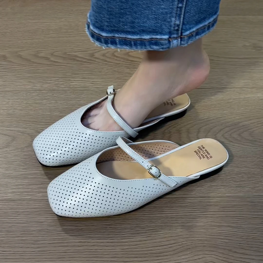 包头半拖鞋女外穿新款夏季舒适浅口一脚蹬平底拖鞋夏季软底方头拖