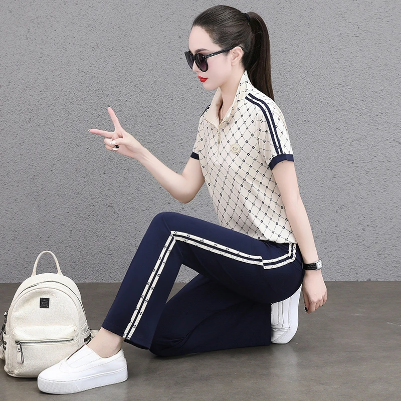 夏季休闲运动套装女2025年新款洋气时尚修身显瘦直筒裤运动服两件