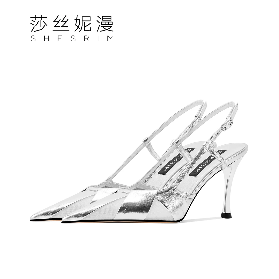 67-法式尖头浅口高跟凉鞋女2025新款设计感包头后空金色细跟单鞋