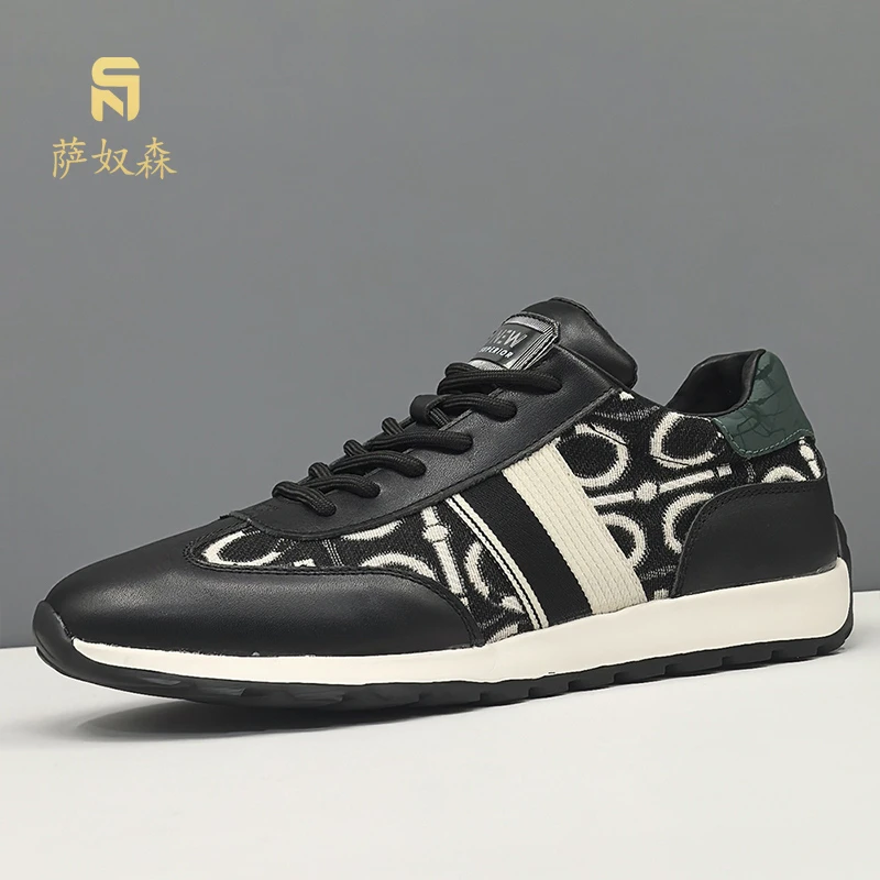 萨奴森男鞋2025春季新款潮流皮布拼接百搭休闲鞋舒适透气软底板鞋
