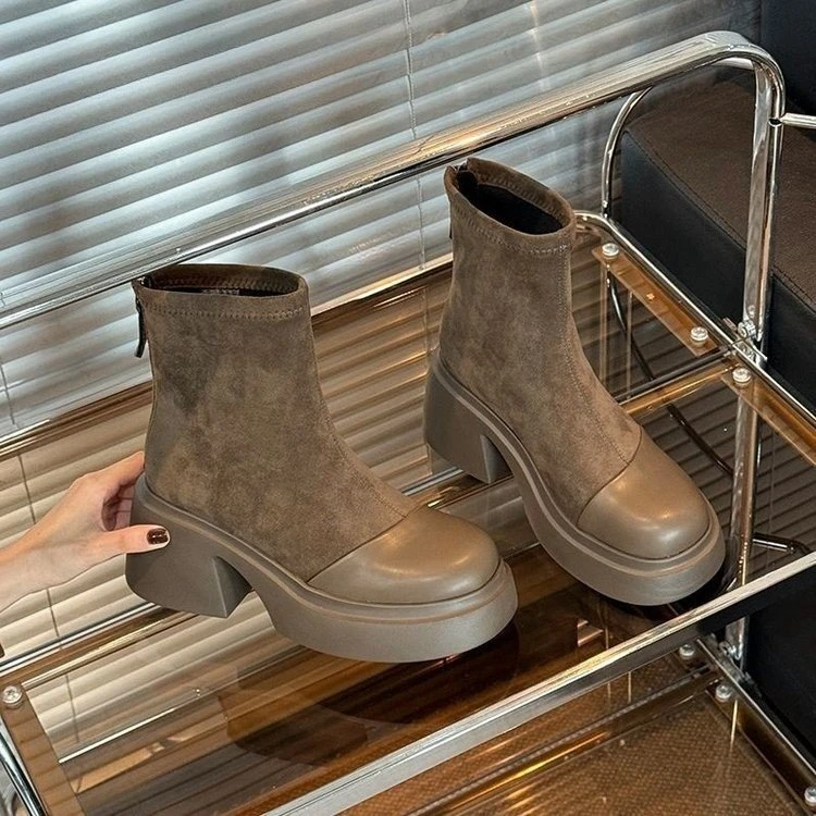 阔腿裤鞋百搭时尚网显瘦秋冬女靴冬季瘦瘦靴单靴厚底高跟英伦风黑