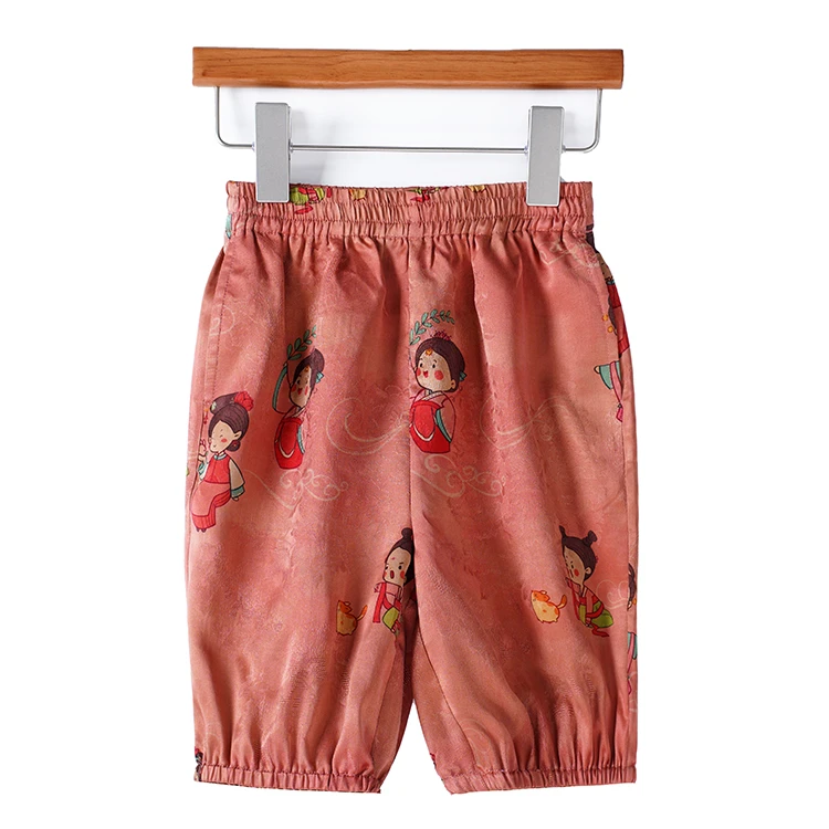莨宝宝「小唐人」B076休闲短裤100桑蚕丝透孔罗红云纱儿童阔腿裤