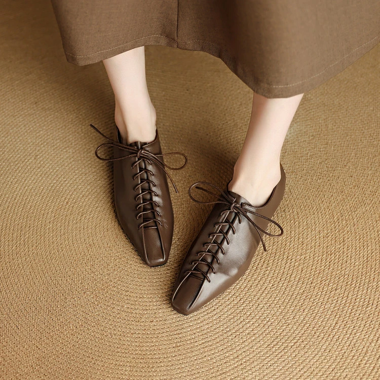软羊皮~1.5cm春秋新款深口单鞋女软底系带英伦风小皮鞋复古乐福鞋