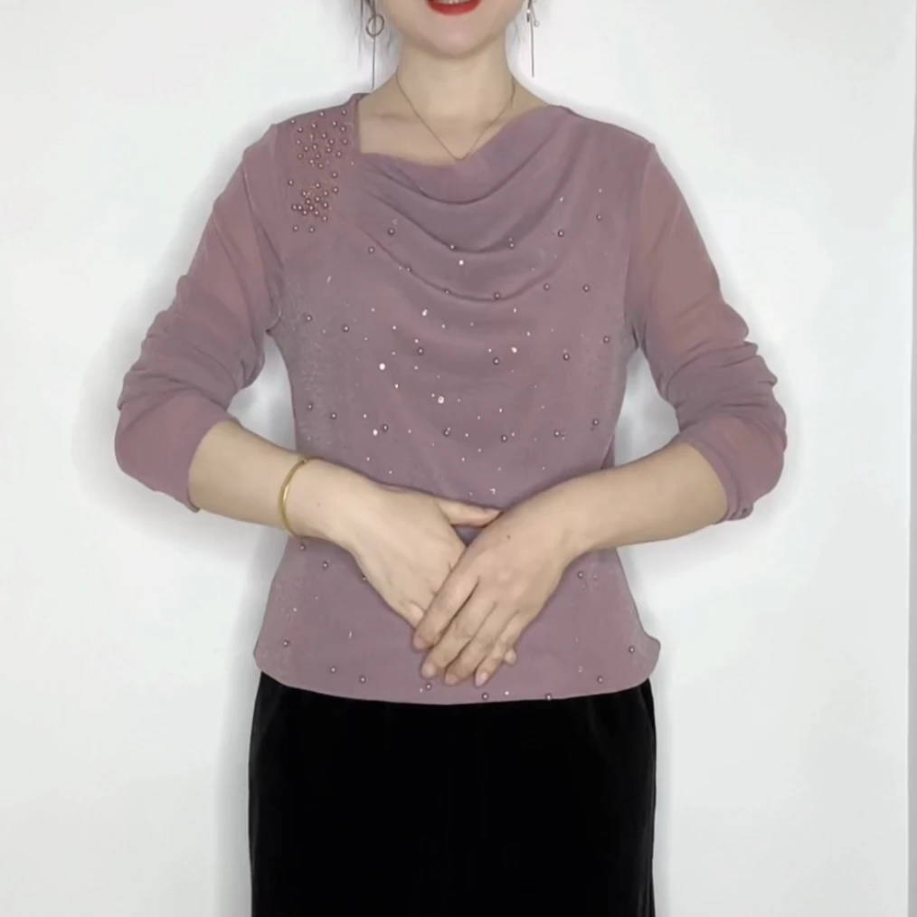 2025春新款女士堆堆领钉珠南韩纱长袖T恤妈妈装气质百搭小衫0311