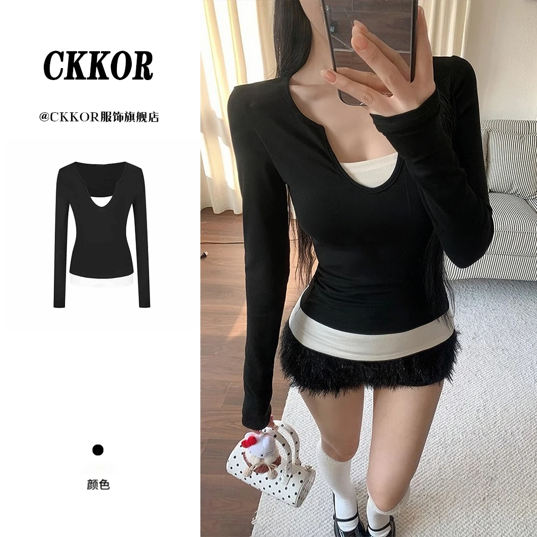 CKKOR春秋新款拼接假两件长袖t恤女紧身显瘦辣妹穿搭别致内搭上衣