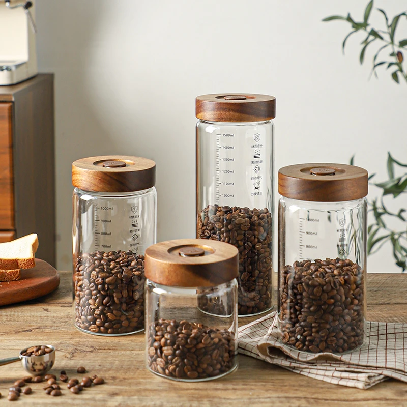舍里自动排气咖啡罐玻璃密封罐咖啡豆保存罐咖啡粉储存罐储物罐子