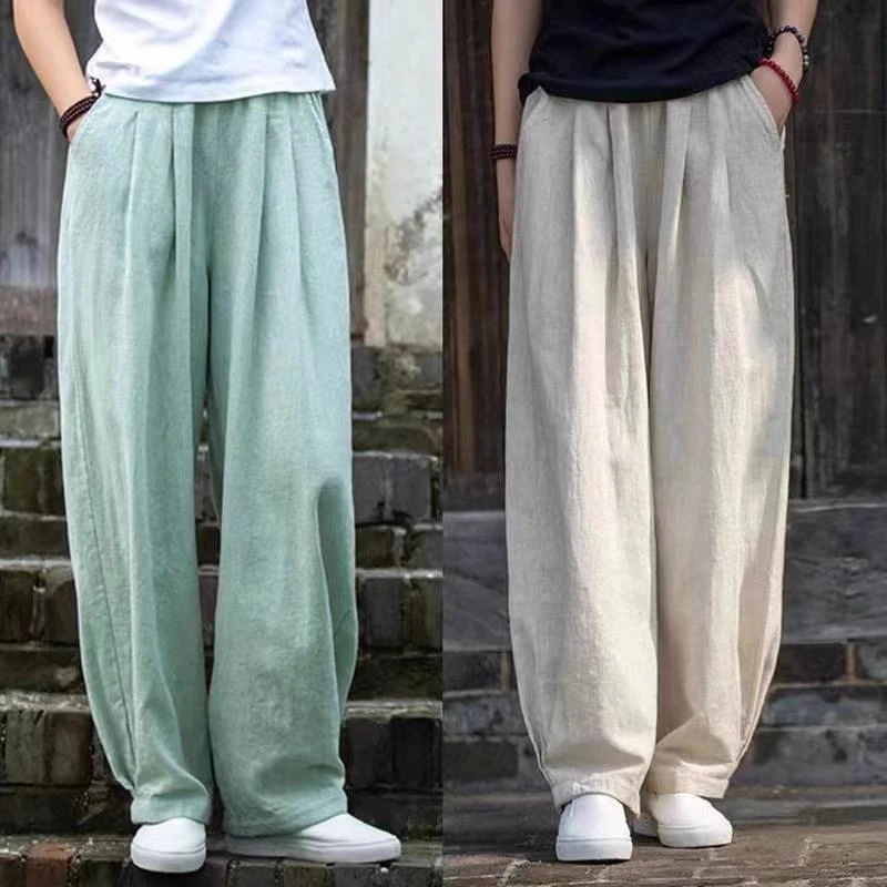 垂感棉麻裤子女夏季大码中年妈妈小个子高端亚麻宽松显瘦高腰长裤