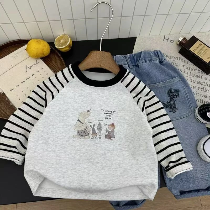 儿童男童秋装服装长袖t恤女宝宝秋季卡通小狗撞色休闲上衣韩版