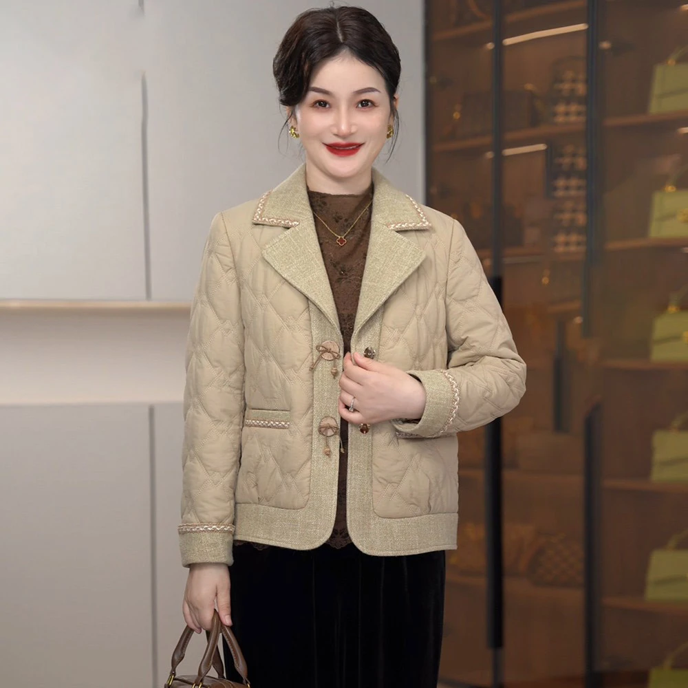 2025秋冬新款妈妈装优雅气质拼接小香风外套时尚翻领休闲宽松棉衣