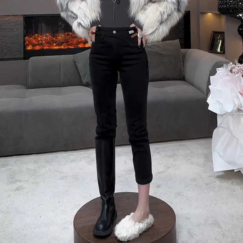 黑色高腰弹力小脚牛仔裤女秋冬加绒修身显瘦百搭小个子九分铅笔裤