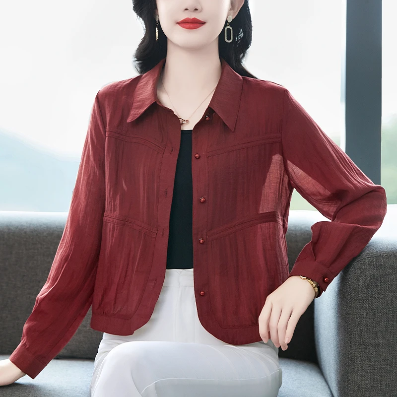 妈妈短款衬衫外套女士2025秋季新款小个子衬衣高级感外搭开衫上衣