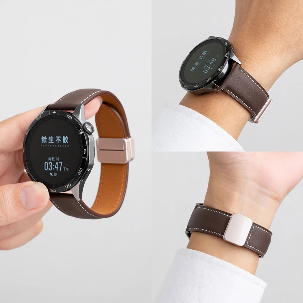 适用华为手表GT6/5/4/表带watch5/4pro头层牛皮磁吸扣商务真皮男