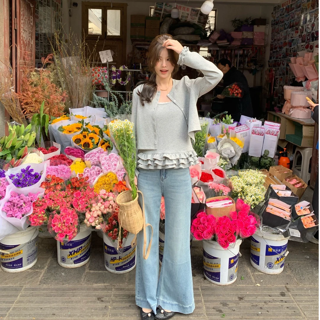 【花花】叠穿芭蕾两件套~荷叶边拼接下摆吊带小圆领开衫卫衣两件套