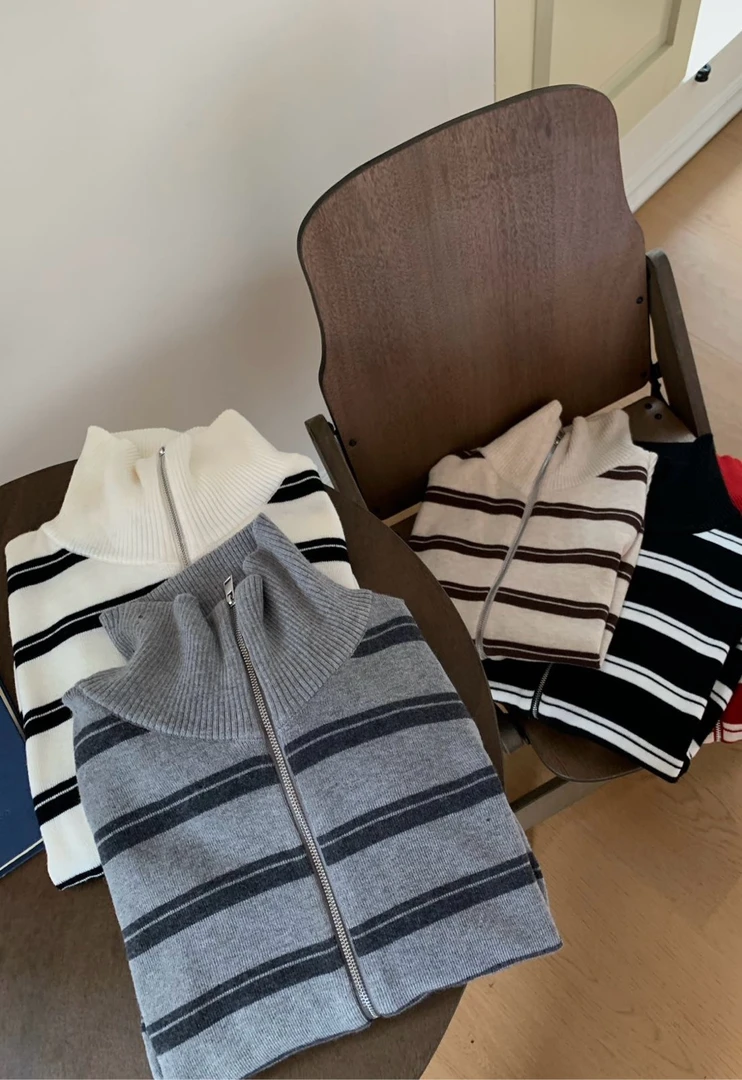 【海天一色】宽条纹羊毛拉链开衫 LE-25196