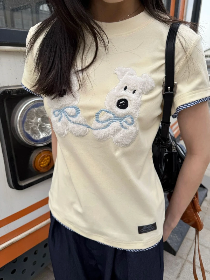 小鸡黄甜美可爱贴布绣小狗短袖t恤女夏季韩系校园风修身显瘦上衣