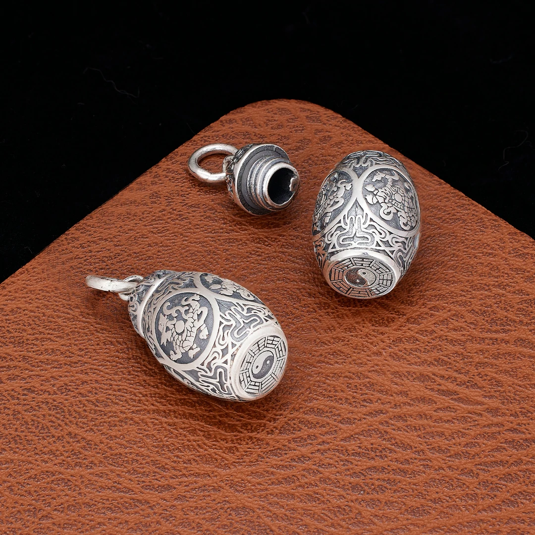 吊坠足银 四大神兽吊坠国潮复古做旧可打开嘎乌盒本命年桶形挂件