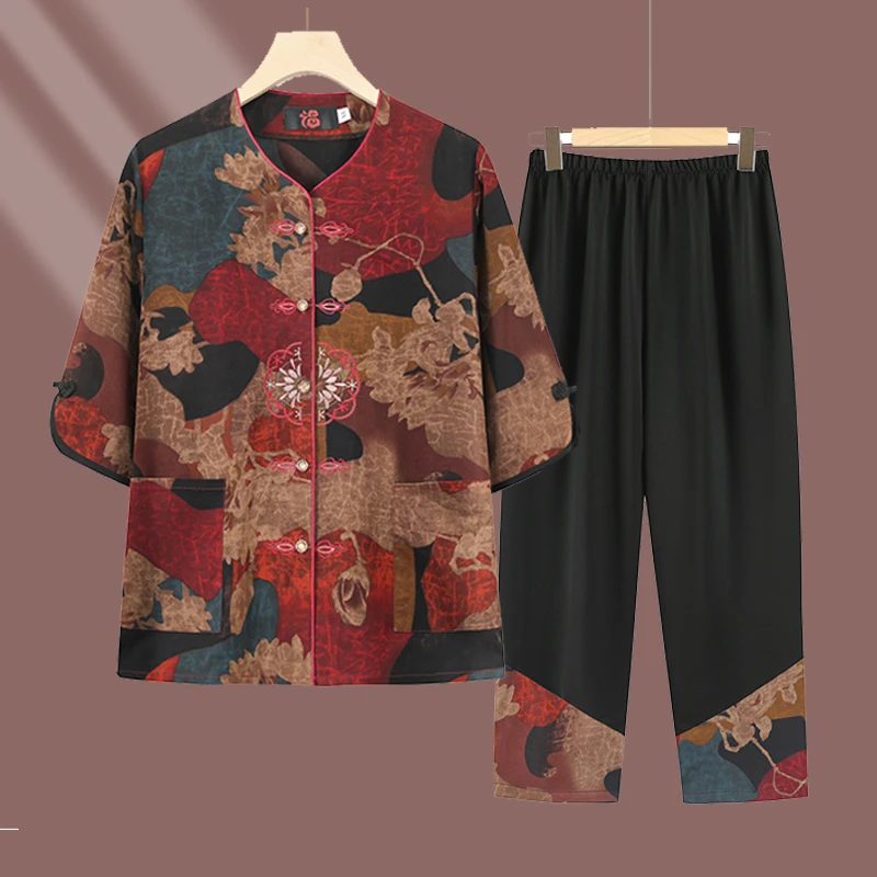 中老年妈妈装夏季套装新款大码奶奶夏天宽松两件套60岁70老人衣服