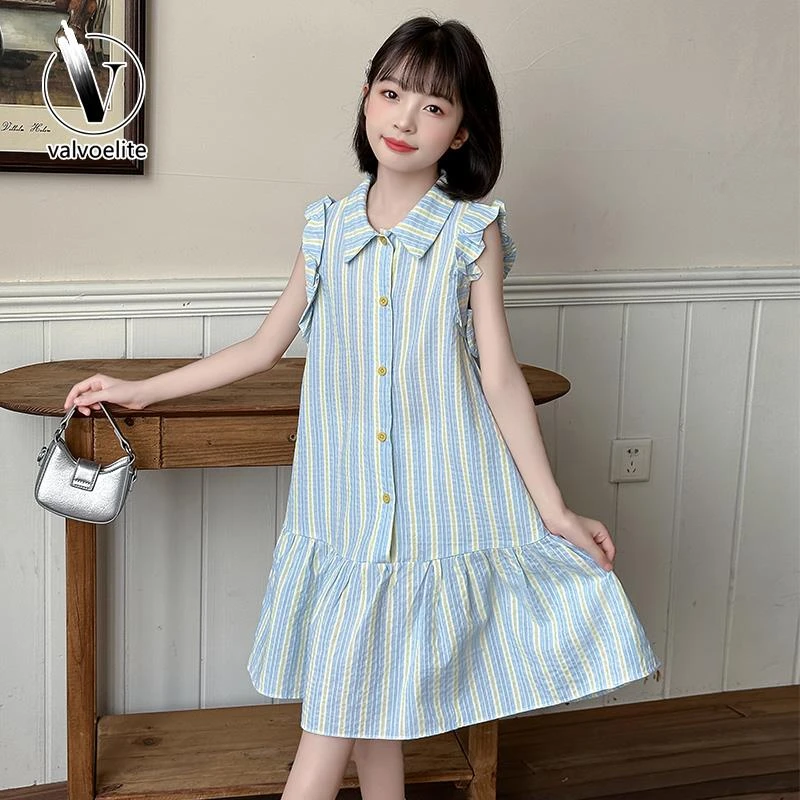 VALVOELITE女童连衣裙2025新款夏季洋气条纹衬衫裙子中大童公主裙