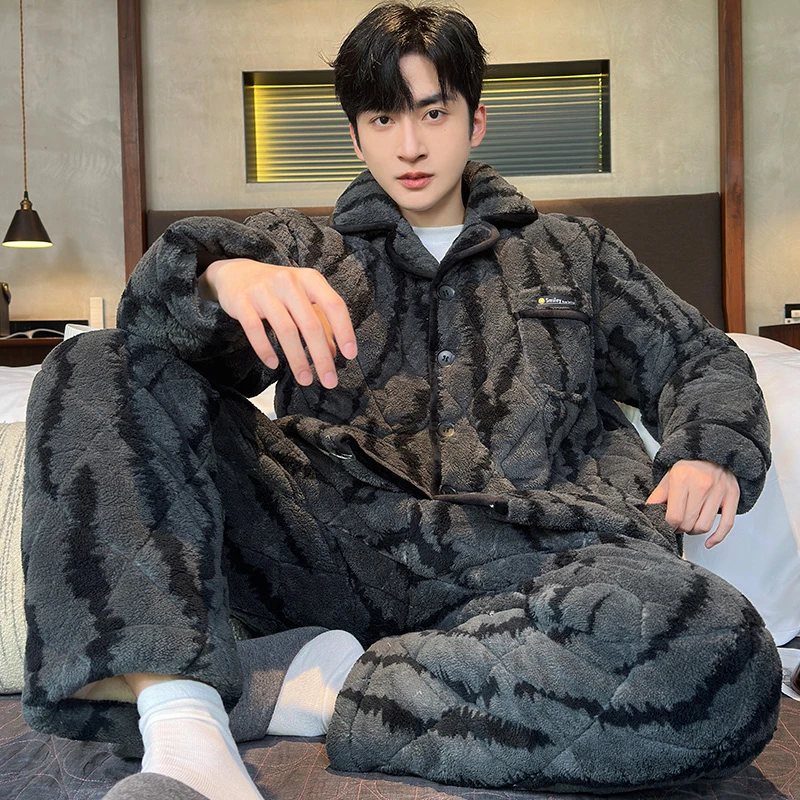 冬季三层夹棉睡衣男2024新款休闲保暖加绒加厚法兰绒男士家居服