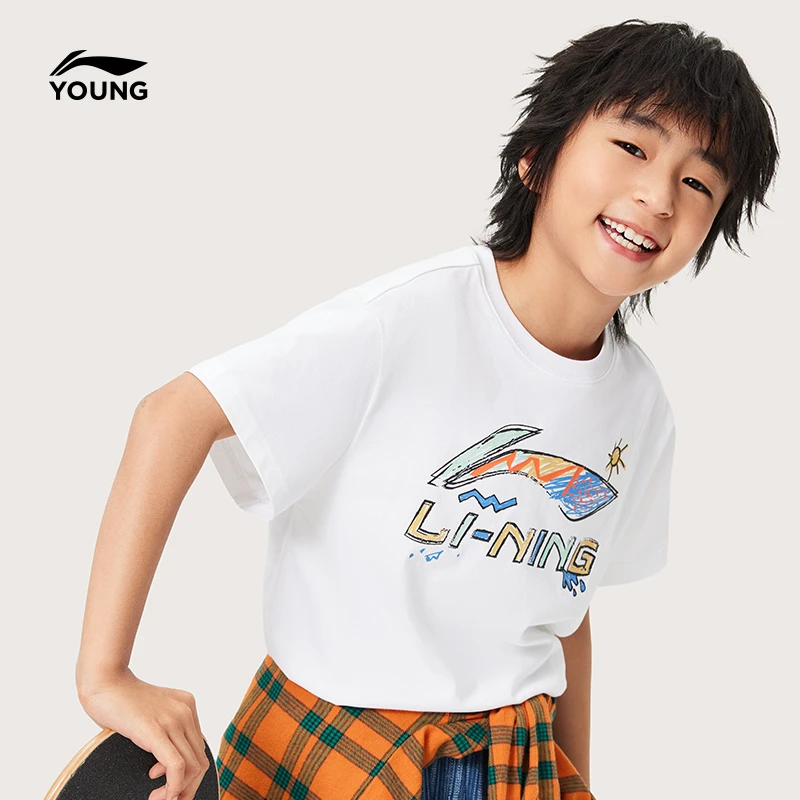李宁儿童短袖T恤男女童装夏季新款潮流印花简约透气上衣YHSV313