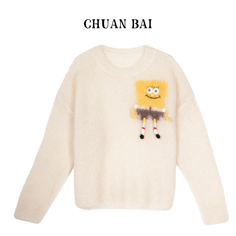 超柔南非马海毛系 宽松慵懒风海绵宝宝款套头衫-1979