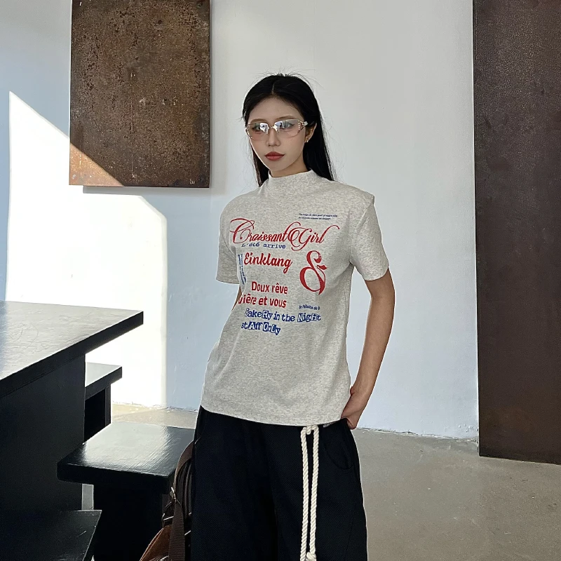 Material美式复古原创正肩短袖T恤女夏季修身显瘦上衣字母印花短t