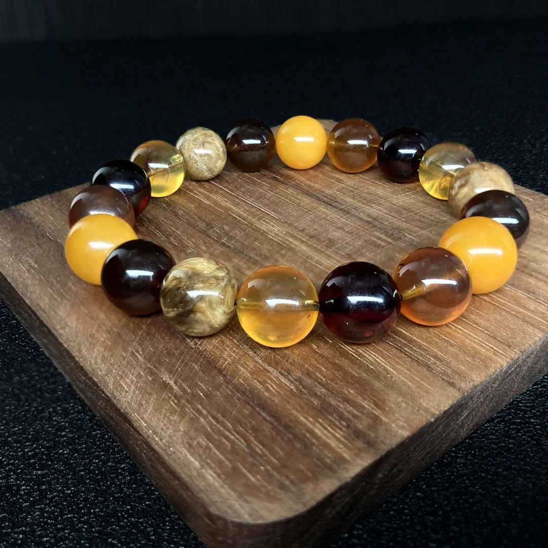 天然缅甸琥珀手串多宝手链10mm圆珠单圈男女款根珀金棕多样性发一
