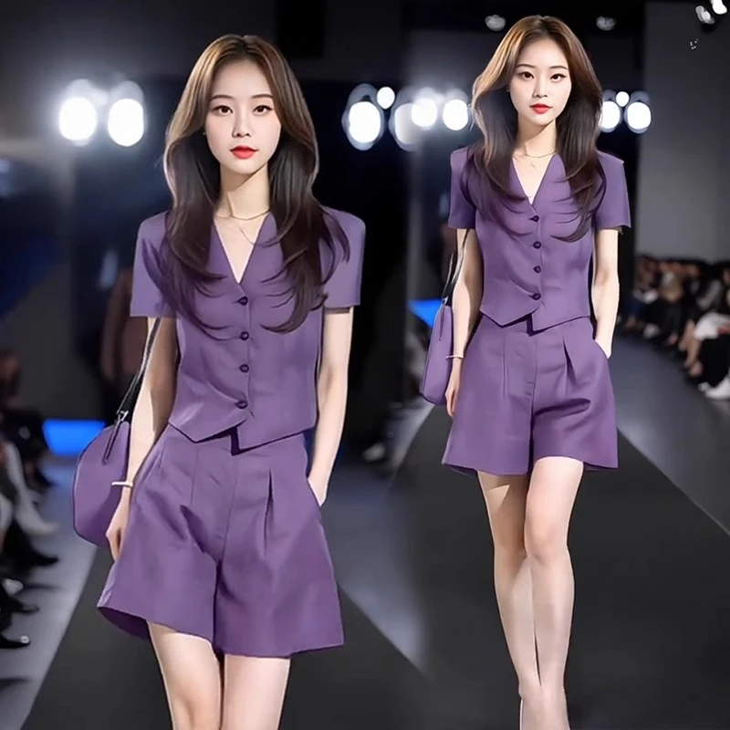 时尚洋气套装女2025夏季新款时髦V领衬衫上衣阔腿裤气质两件套潮