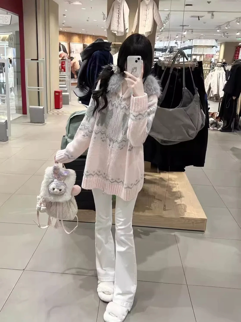 连帽拉链毛衣费尔岛小猫开衫外套女秋冬学院风粉色卡通提花针织衫