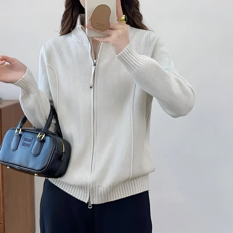 立领双拉链设计感针织毛衣宽松百搭显瘦打底衫