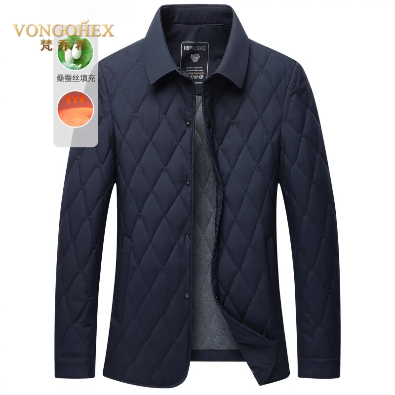VONGOHEX轻薄保暖男士棉服外套秋冬季翻领菱形格高端商务风棉衣
