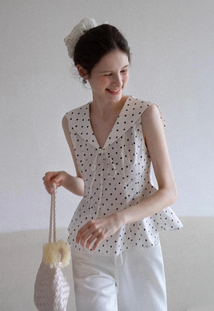 夏季海军领波点修身小衫背心外穿女夏韩系甜美气质显瘦无袖上衣