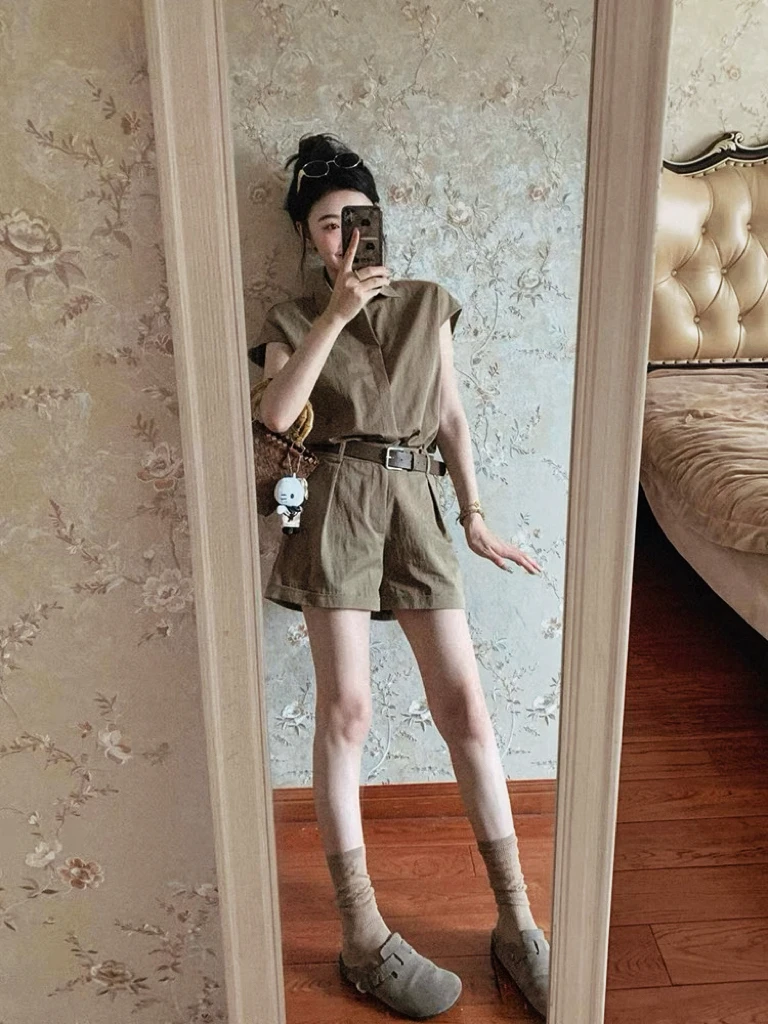 【送腰带+三件套】法式复古休闲衬衫上衣女高级感气质工装短裤夏季