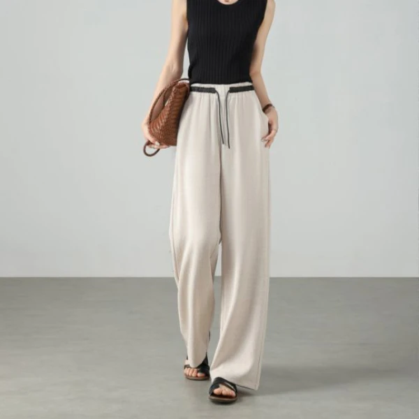 98033奢华蚕丝亚麻抗皱亲肤垂感高腰显瘦直筒阔腿裤