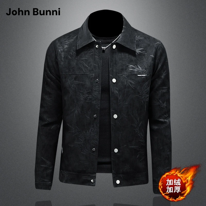 John Bunni休闲时尚压花加绒皮衣外套男士秋冬季翻领夹克潮流上衣
