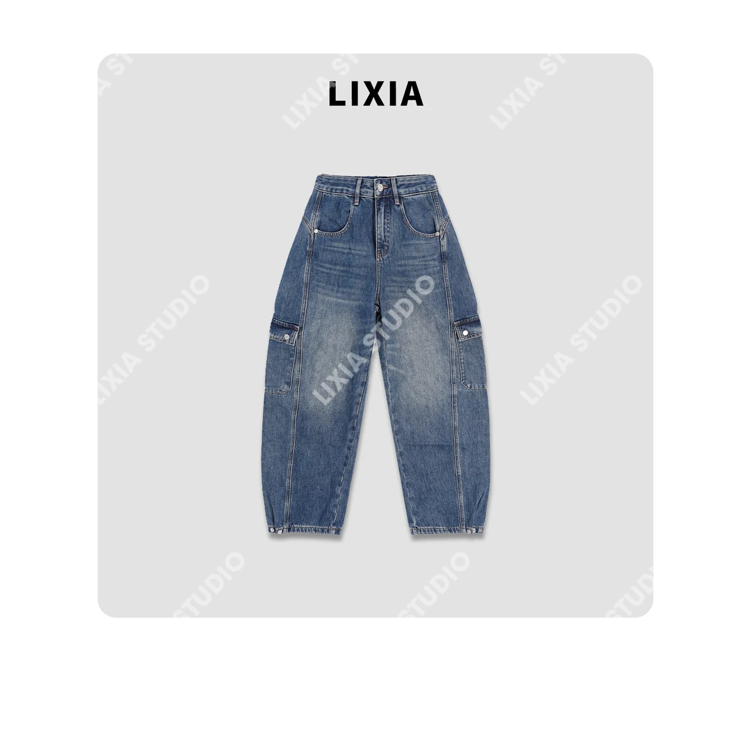 LIXIA【循迹】复古街头风水洗工装加绒弯刀长裤牛仔裤-D10211