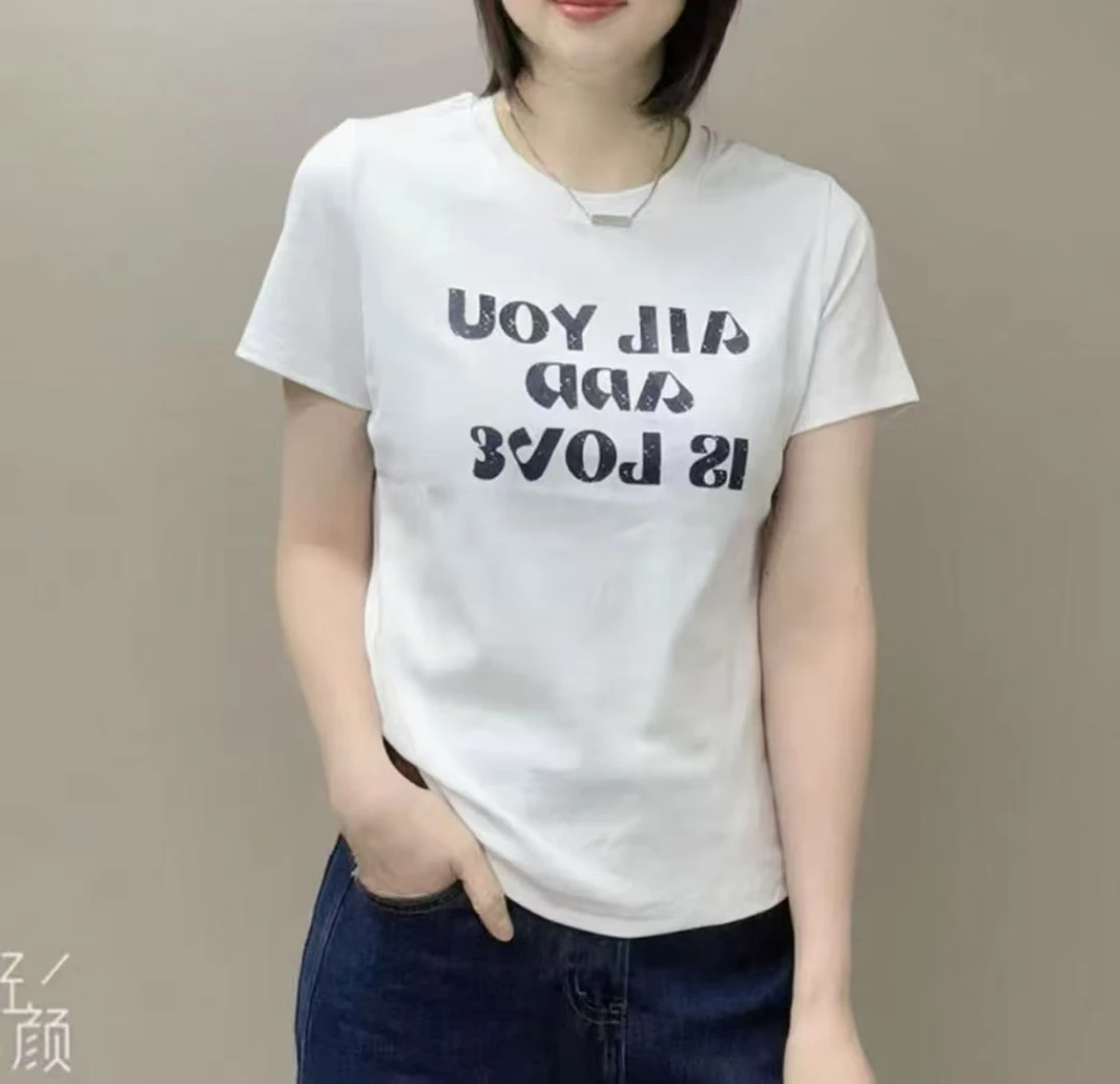 印花字母吸汗冰丝遮肉夏季短袖T恤黑色简约白色短款打底衫ins晕染